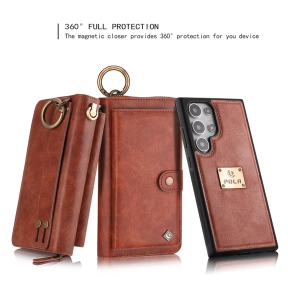 ELEHOLD Multi-Functional Wallet Phone Bag with Case for Samsung Galaxy S26 Ultra,Large Capacity Card Slots Zipper Purse Detachable Magnetic Case with Wristband Lanyard,Brown