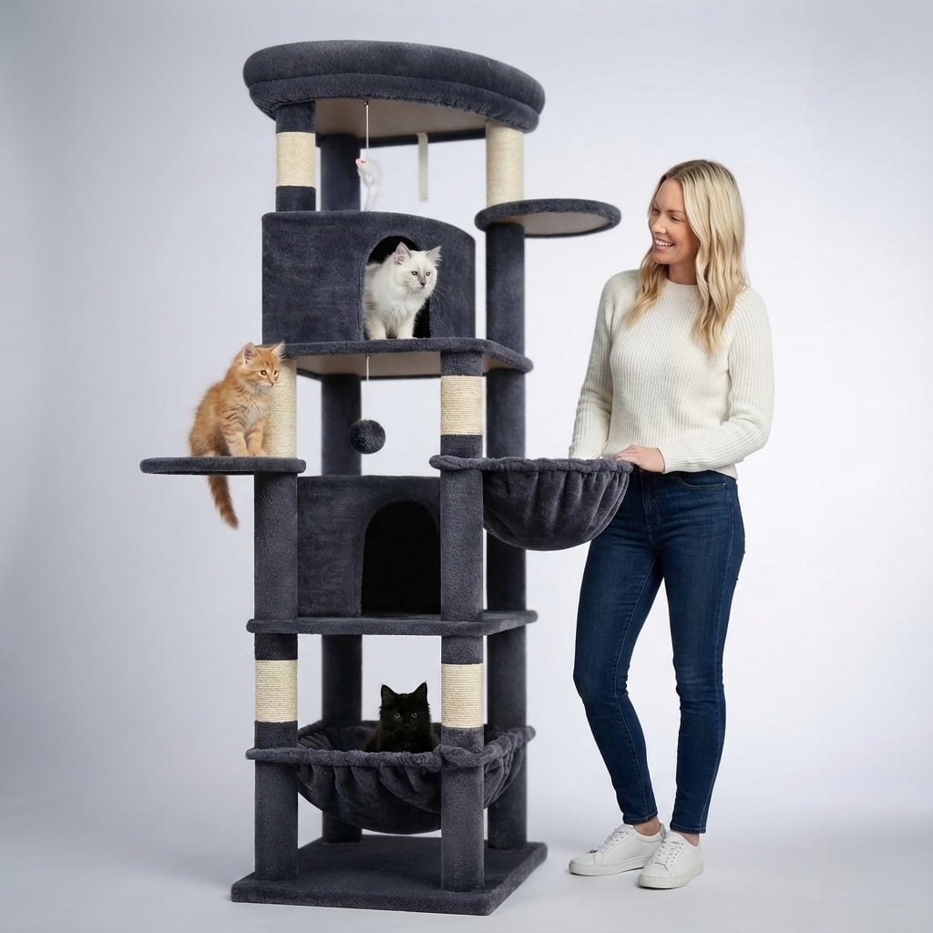 Globlazer 68" XL Corner Large Cat Tree Tower Condo with 6 Sisal Scratching Posts, 2 Condos, Hammock & Hanging Basket, Dark Gray