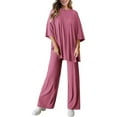 thumbnail image 6 of Women's Casual Fashion Loose-Fitting Solid Color Split Round Neck Half SleeveTop And Long Pants Two-Piece Set Tracksuit, 6 of 6