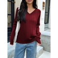 thumbnail image 4 of Women Long Sleeve Cable Knit Sweater Fashion V Neck Fitted Pullover Top Business Casual Fall Outfits Wine Red L, 4 of 7