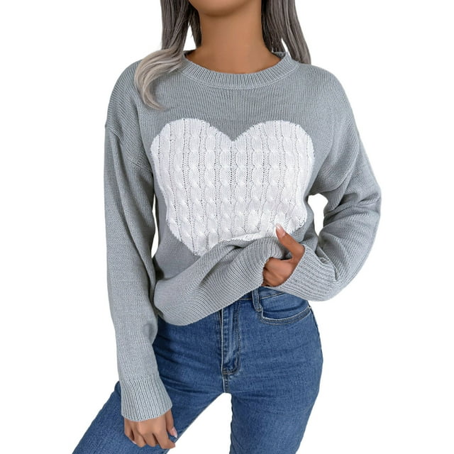 Fgnfyis Chandails pour Femmes Automne Hiver Imprimé Cœur Manches Longues Col Rond Tricoté Chandail Doux Chaud Col Roulé Décontracté Élégant Gris TG