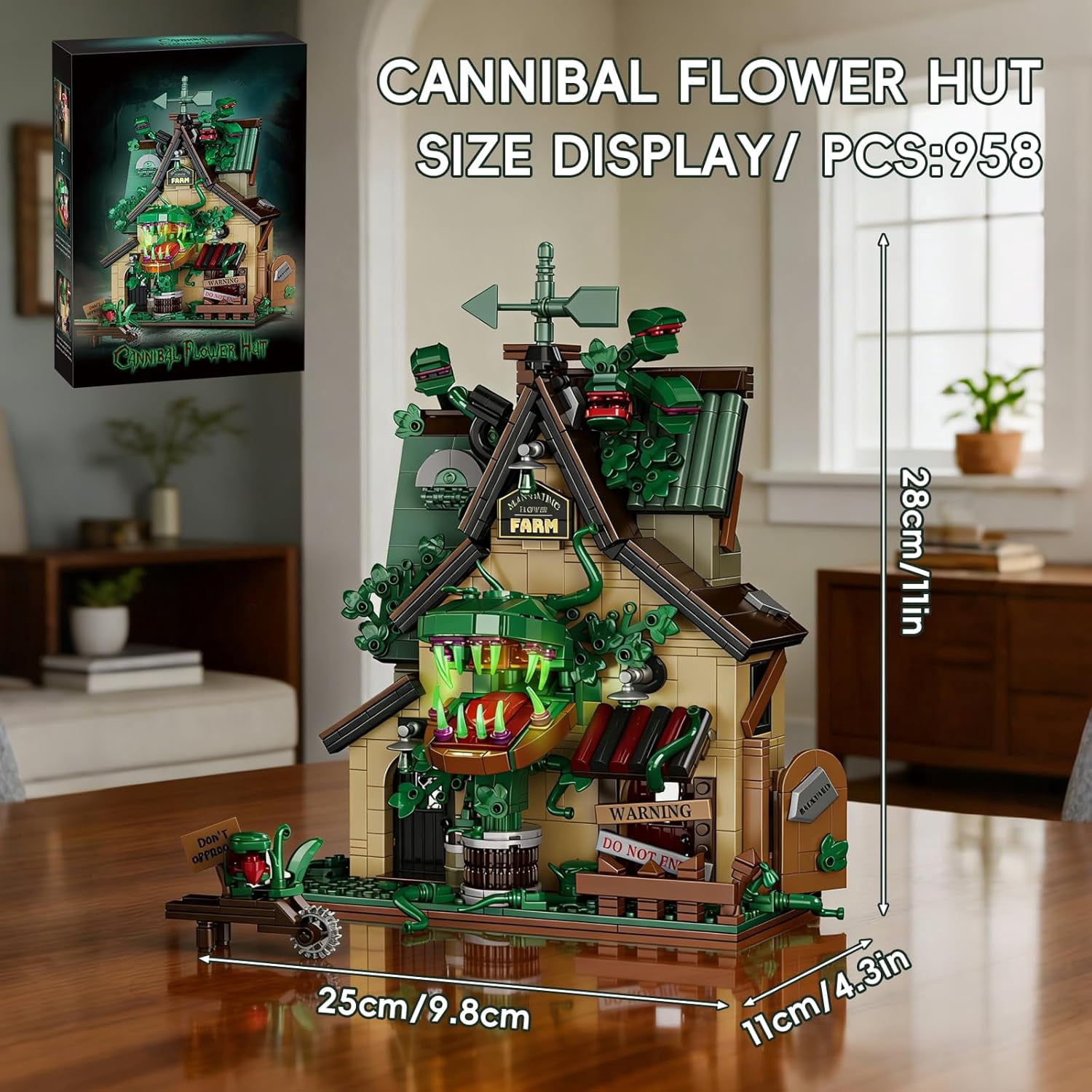 Halloween Haunted House Building Set Man-Eating Flower Farm Architecture Model Kit for Adults Spooky Cottage with Giant Carnivorous Plants Warning Signs Gothic Horror Home Decor,958 PCS