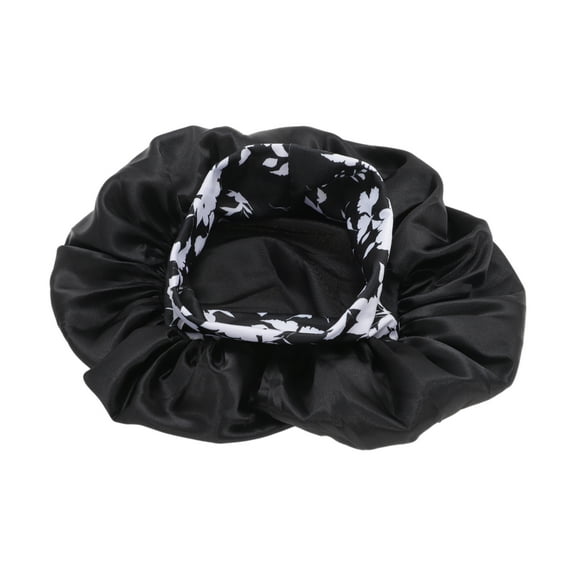 Unique Bargains 1 Pc Women Flowered Shower Cap for Bathroom Hotel Black Satin, Milk Silk