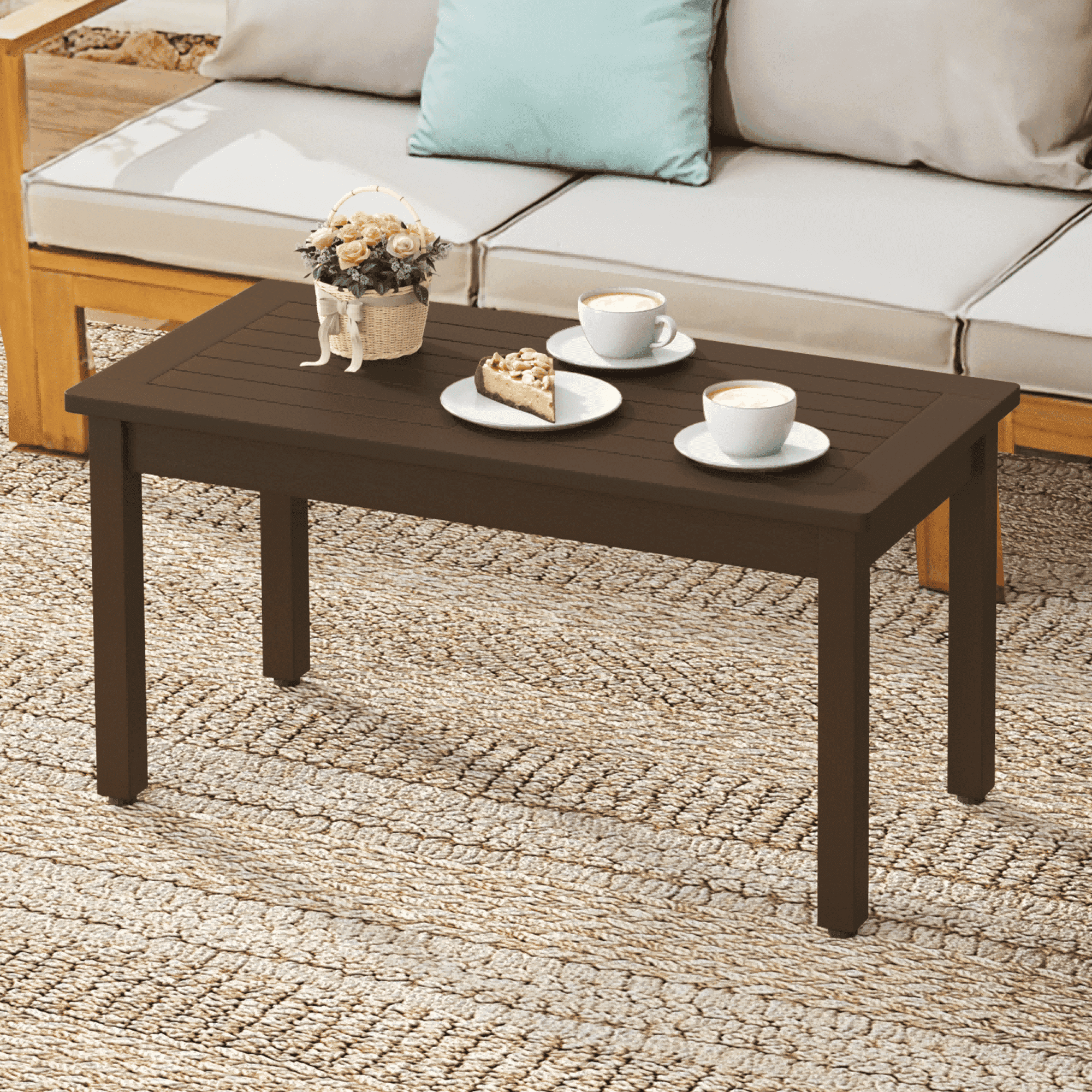 Dycanpo Outdoor Coffee Table Rectangle, HDPS Patio Tables for Outside, 17.7"x 35"x17.7", Dark Brown