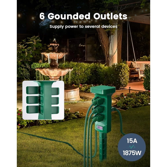 PYYAN-Outdoor Power Stake Waterproof, 6 Grounded Outlets Power Strip Weatherproof, 6FT Extension Cord Outlet for Yard, Garden, Christmas Light, Patio Lights, 1875W/15A, Green