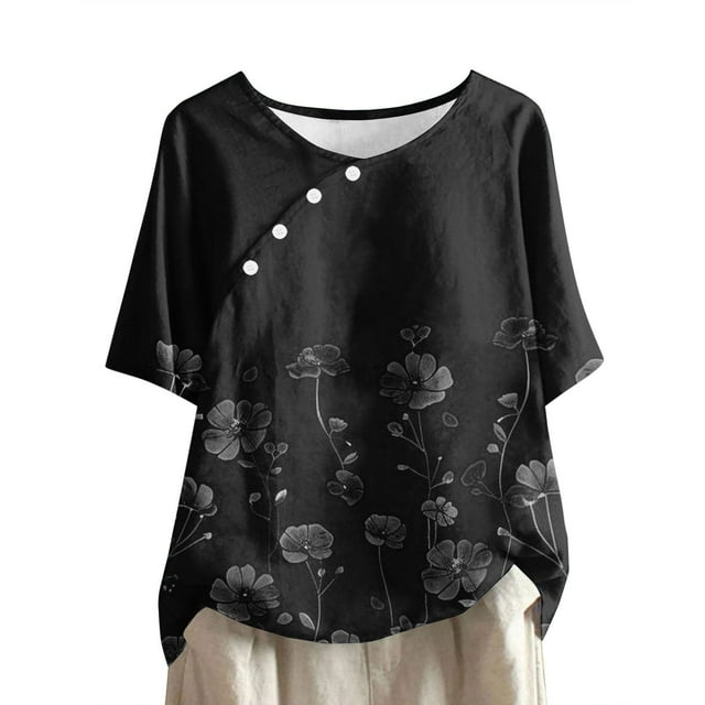 Tops de Lino para Mujeres Imprimir Suéter Cuello Redondo Manga Corta Superior Poliéster, Blusa de Moda Casual para la Primavera Y el Verano