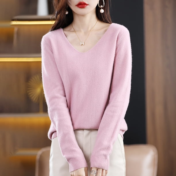 Suéter de cuello en V para mujer, suéter suelto de color sólido, jersey sencillo, camisa base, ropa exterior, otoño nuevo, suéter de manga larga, top corto