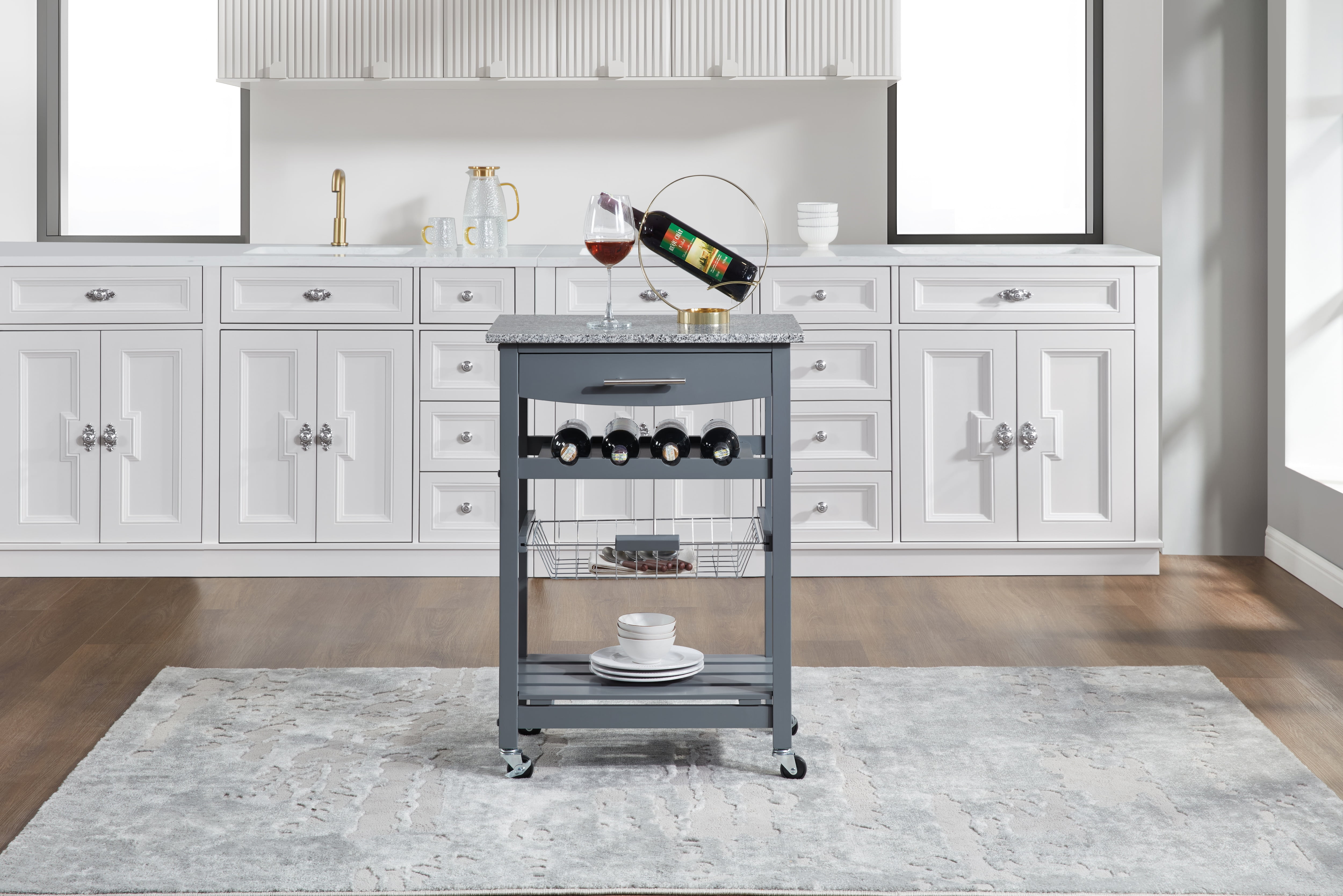 Mobile Rolling Kitchen Island with Marble Top, Drawer & Storage Basket