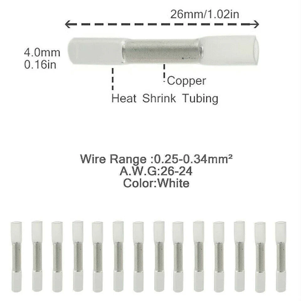 200Pcs Butt Wire Splice Connectors Heat Shrink Seal Crimp Terminals Waterproof