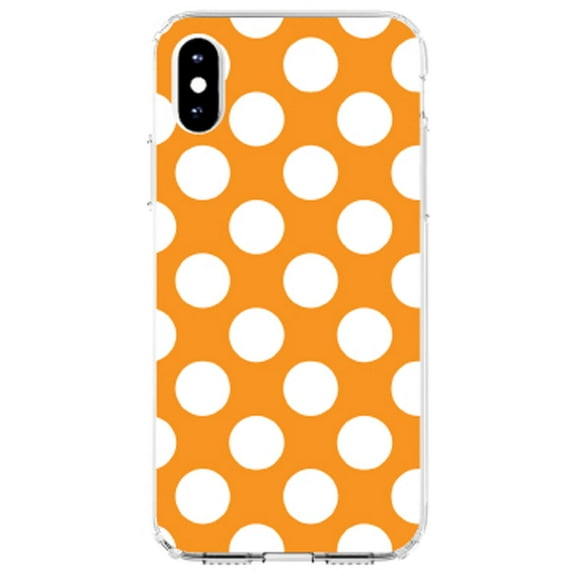 DistinctInk Clear Shockproof Hybrid Case for iPhone XS Max (6.5" Screen) - TPU Bumper, Acrylic Back, Tempered Glass Screen Protector - White & Orange Polka Dots