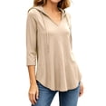 thumbnail image 2 of Ozmmyan Womens V Neck Hooded Top 3/4 Sleeve Drawstring Pullover Loose Casual Solid Color Plus Size Lightweight Hoodie, 2 of 8