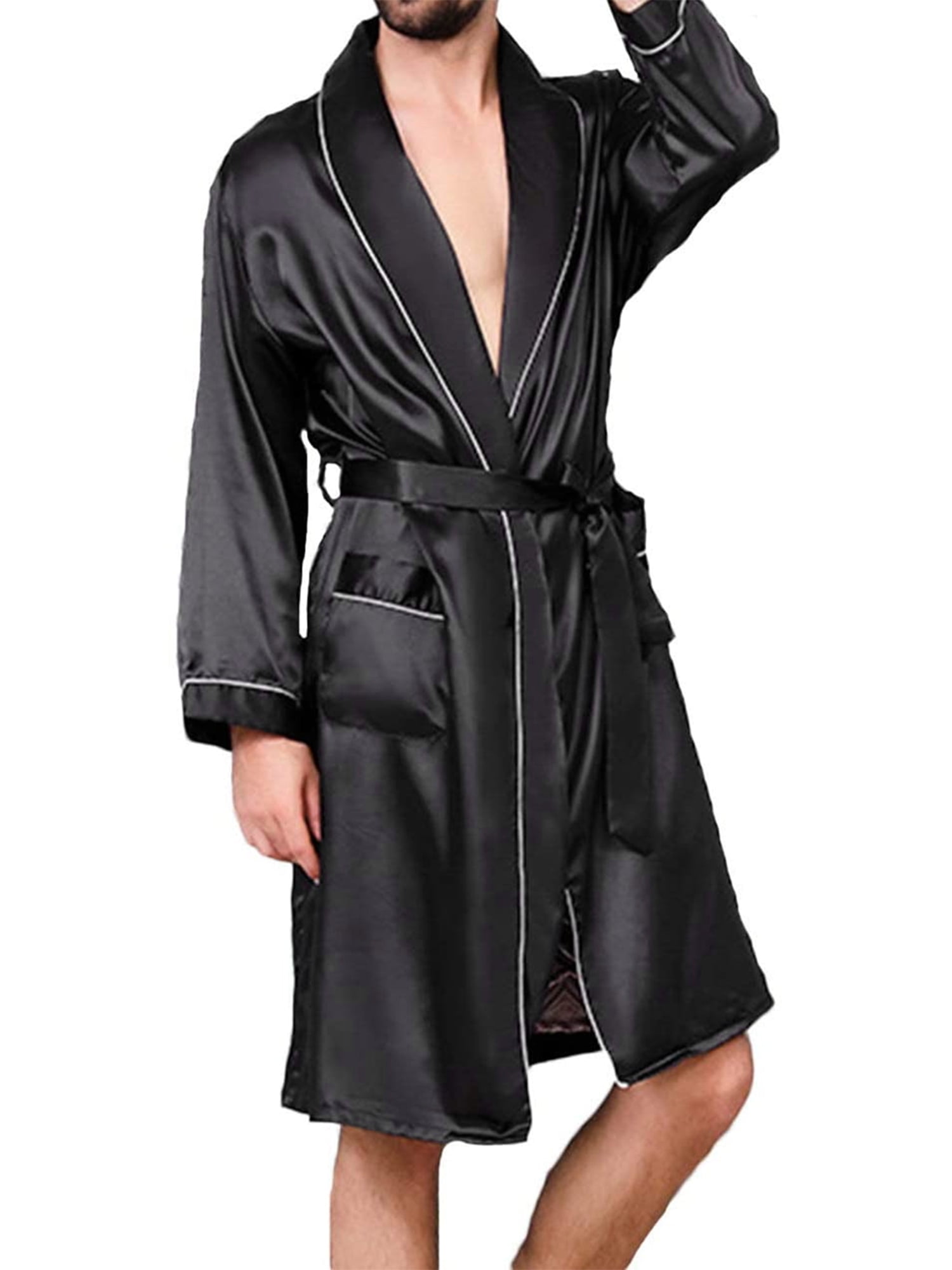 Men's Satin Kimono Robe+Belt Silk Classic Long Bathrobe Pockets ...