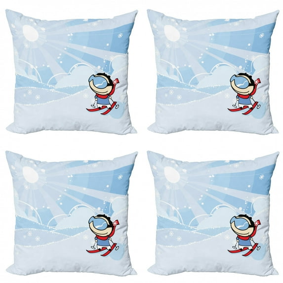Sports Throw Pillow Cushion Case Pack of 4, Boy Skiing on the Mountain with Snowflakes and Sunshine Nursery Playroom, Modern Accent Double-Sided Print, 4 Sizes, Multicolor, by Ambesonne