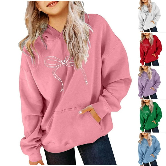 Ashirexll Girls Hoodies, Comfort Hoodie, Fall and Winter Girls Hoodies Long Sleeve Pattern Solid Color Round Neck Hooded Sweatshirts