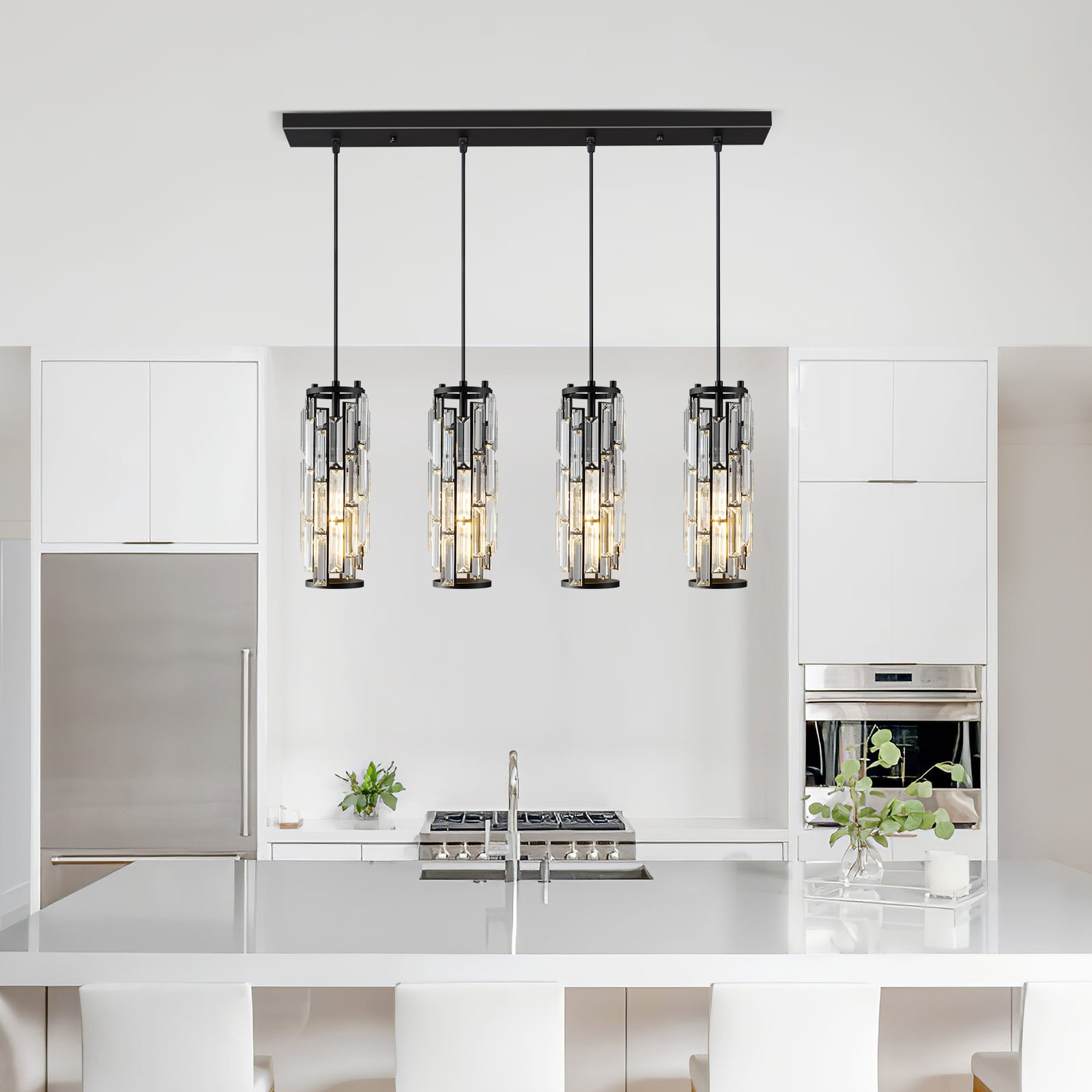 Mini Crystal Chandeliers Adjustable Pendant Light Modern Black Pendant Light Fixture for Living Room, Dinning Room, Kitchen Island and Bedroom(4-light)