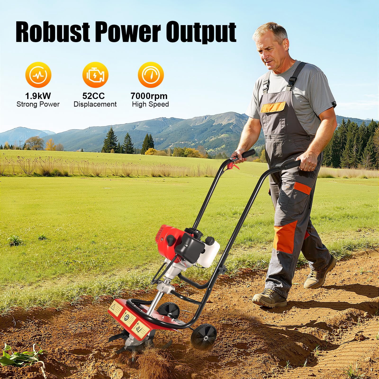 Gas Powered Tiller Cultivator, 52cc 2 Stroke Garden Rototiller with 1.9KW 6500-7000RPM Engine, Hand-Pull Recoil for Plowing Tilling Furrowing, Red