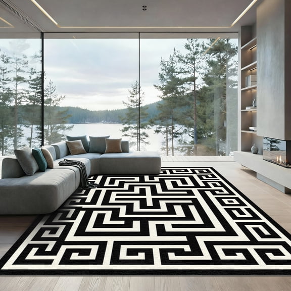 ODIKA 4'x6' Machine Washable Non-Slip Area Rug, Geometric Black High Traffic Rug, White, 1109860