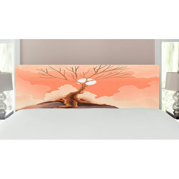 Landscape Headboard, Lonely Tree on Top of Cliff Rock Above the Moon Magistic Landscape Art Print, Upholstered Decorative Metal Bed Headboard with Memory Foam, King Size, Orange Brown, by Ambesonne