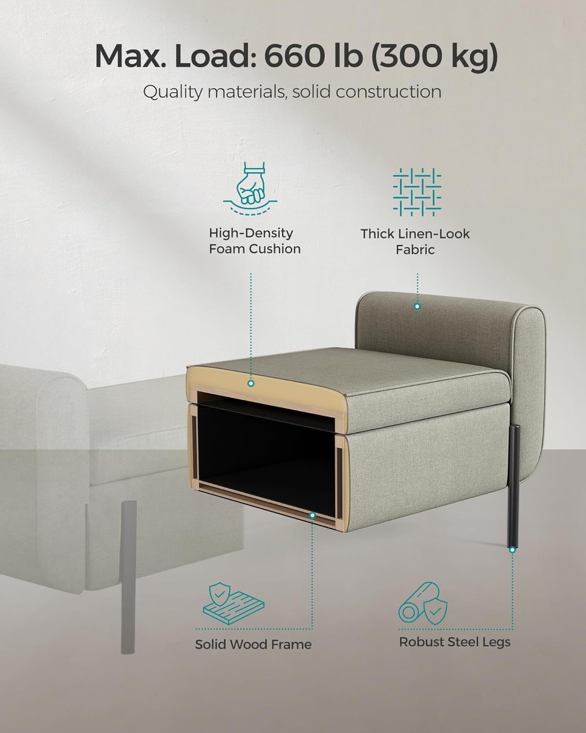 SONGMICS Storage Bench with Armrests Ottoman with Storage Storage Ottoman Bench for Bedroom Living Room Entryway Camel Brown