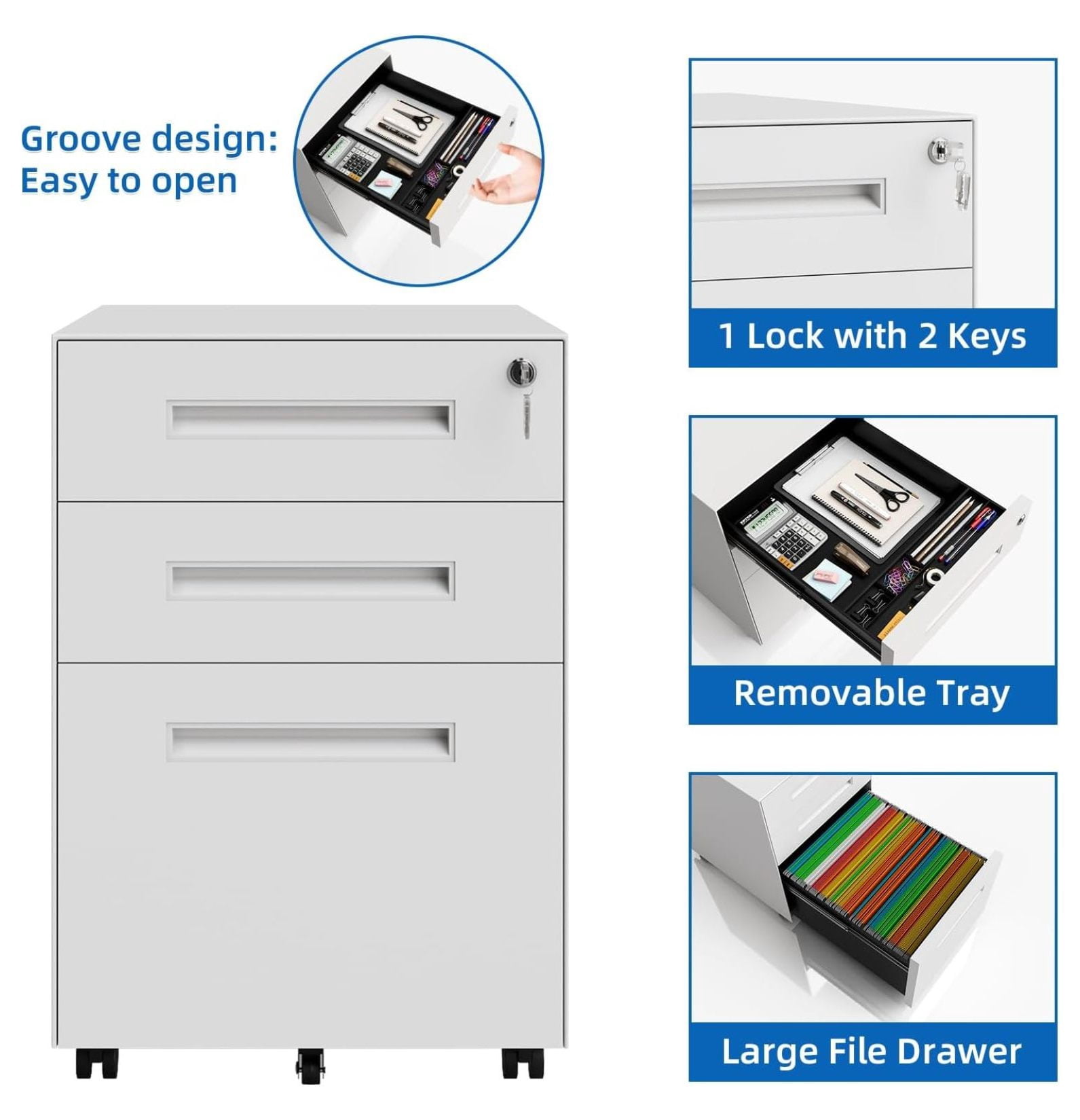 3 Drawer White File Cabinet, Mobile Under Desk Storage File Cabinet with Lock on Wheels, Fully Assembled, Letter/Legal Size, Small Short Vertical Metal Rolling Filing Cabinets for Home Office