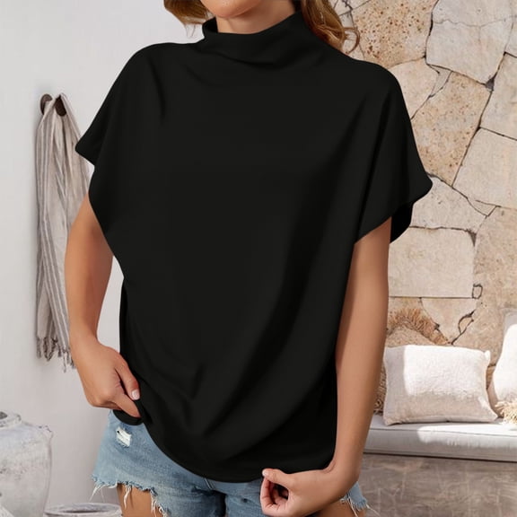 Women's Summer Solid Color High Neck Loose Casual Short Sleeved T Shirt Top