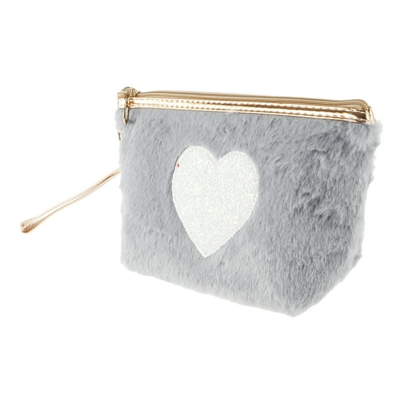 1 Pc Women Portable Heart Style Makeup Bag for Travel Vacation Camping Gray Plush