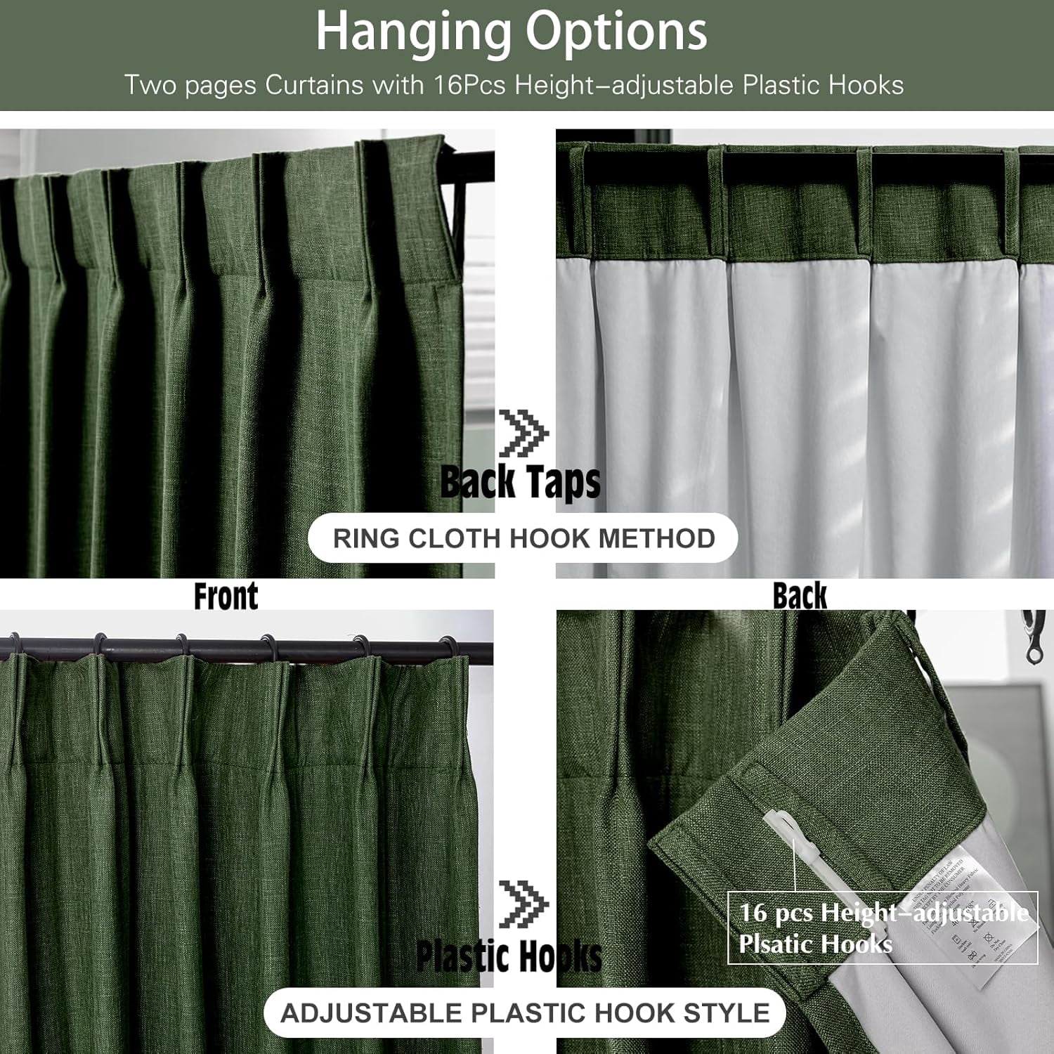 Galenzoov 40*108 inch Pinch Pleated Linen Curtains - 100% Black Out, Thermal Insulated Living Room Bedroom Curtain Double Layer Room Darkening Drapes with Hooks, 2 Panels, Olive Green