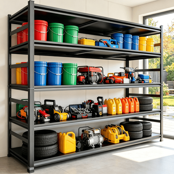 73.3" H Garage Shelving, 3000 LBS Heavy Duty Metal Storage Shelves with Anti-Fall Rails, 5-Tier Adjustable Storage Rack for Garage, Warehouse, Basement, 48" W x 24" D, Black
