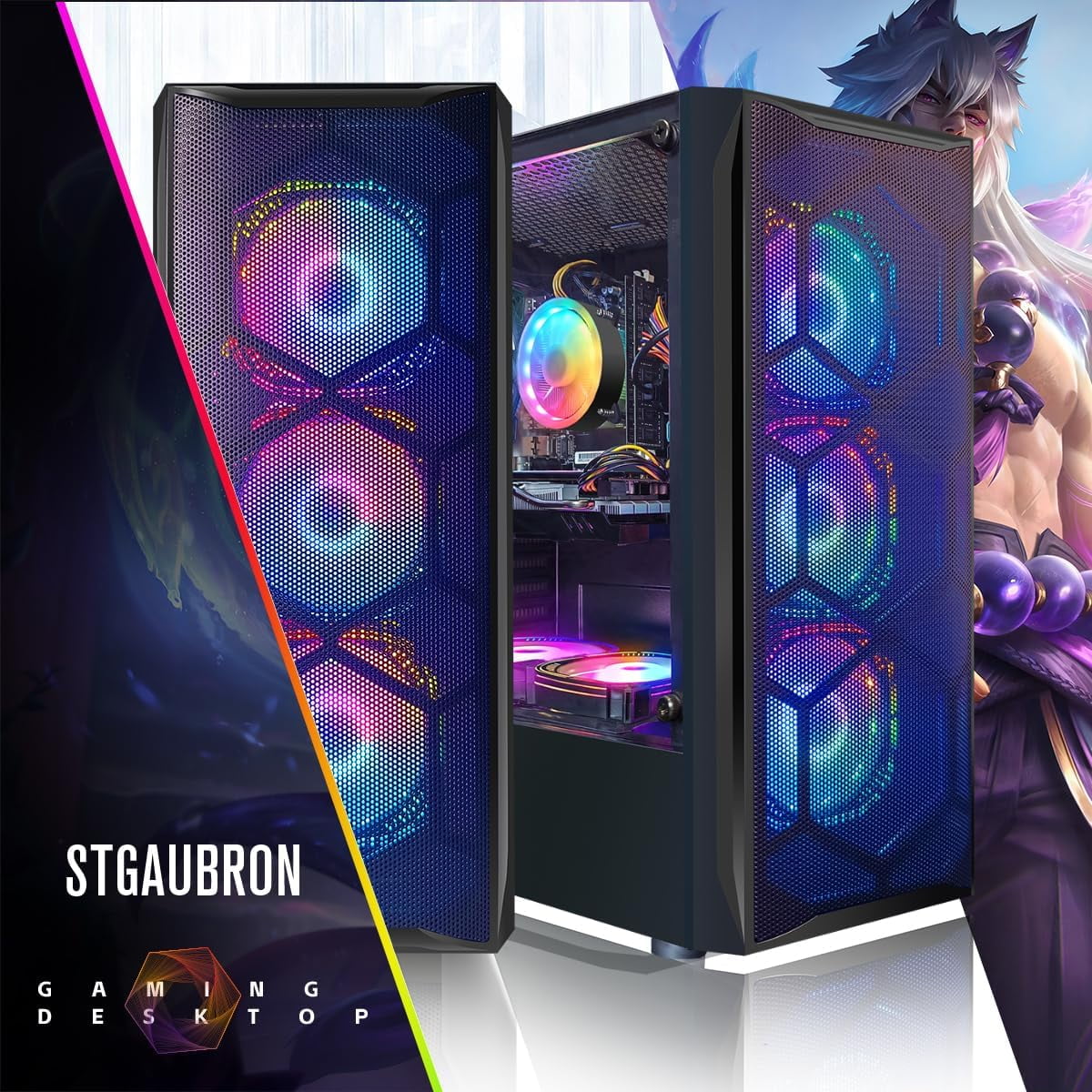 STGAubron Gaming Tower PC, Intel Core I7 up to 3.9 Ghz, Radeon RX 580 8G Graphics, 16G Ram, 512G Ssd, Wifi, Bt 5.0, RGB Fan x6, W11H64