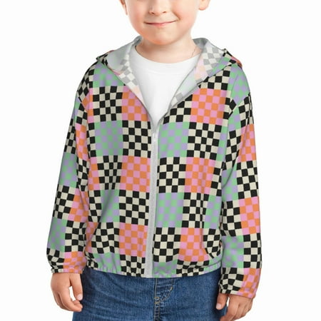 

Gaeub Colorful Checkered Print Athletic Sun Protection Hoodie for Kids Long Sleeve Outdoor UV Shirt Running Fishing Top for Boys Girls-3 Years