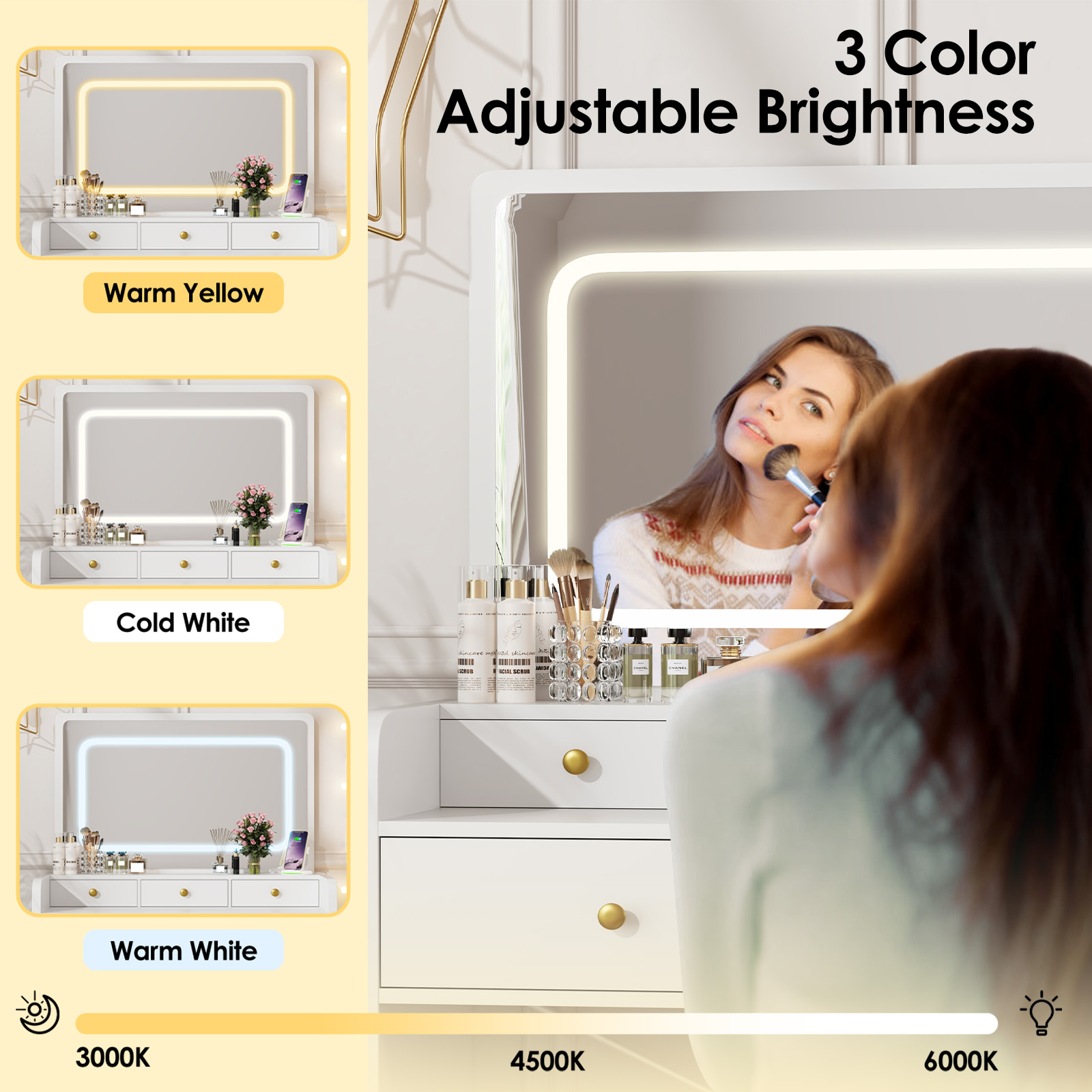 Vanity Desk with Mirror and Light, Vanity Dressing Table with Storage Bench, Charge Station, White
