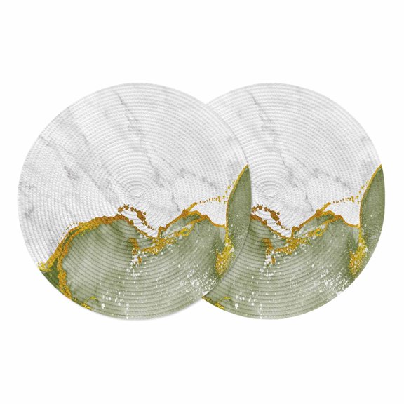 Green Gold Marble Round 13 Inch Placemats Set of 2, Modern Abstract Marble Crack Texture HeatResistant Non Slip Place Mats for Dining Table, Wipeable Braided Kitchen Table Mats for Housewarming