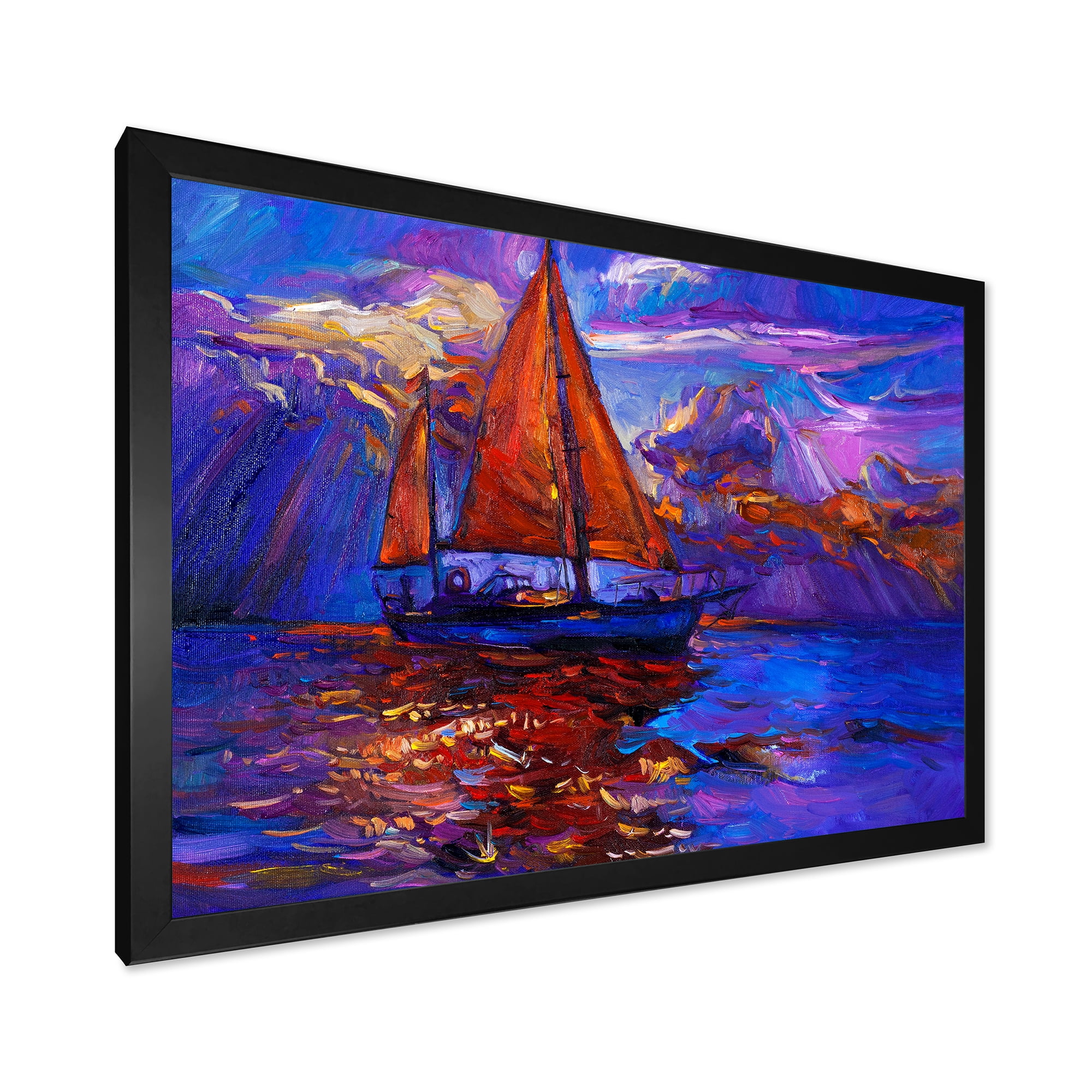 Designart 'Red Sail Ship On Purple Sunset in Blue Ocean' Nautical & Coastal Framed Art Print