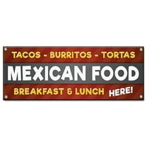 Tacos Burritos Tortas Mexican Food Breakfast & Lunch | 18" X 48" Banner | Heavy Duty 13oz. Outdoor Vinyl Single Sided With Grommets | Made in The USA