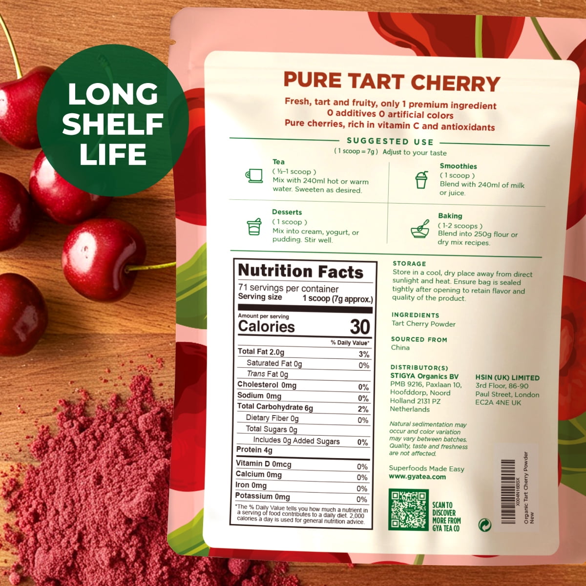 Gya Tea Co Tart Cherry Extract Powder 100% Pure Freeze Dried Natural Fruit Powder 1.1lb (17.64 Oz)