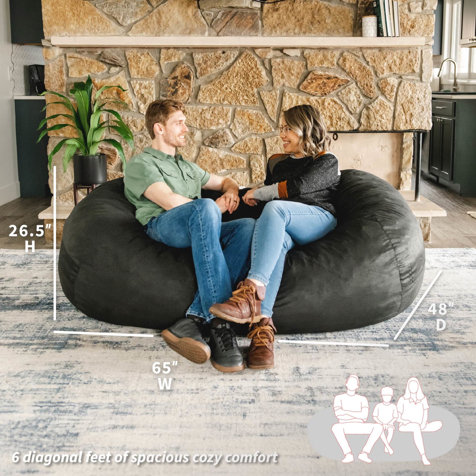 Big Joe Fuf 6Ft Giant Lounger Foam Bean Bag Chair, Oversized Couch with Removable Cover for Kids, Teens, Adults, Black Lenox, Durable Woven Polyester, 6 foot