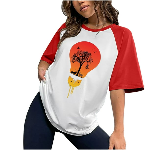 Tops con estampado de sol de playa de manga corta de ocio con cuello redondo de verano para mujer OAVQHLG3B Store lin121212