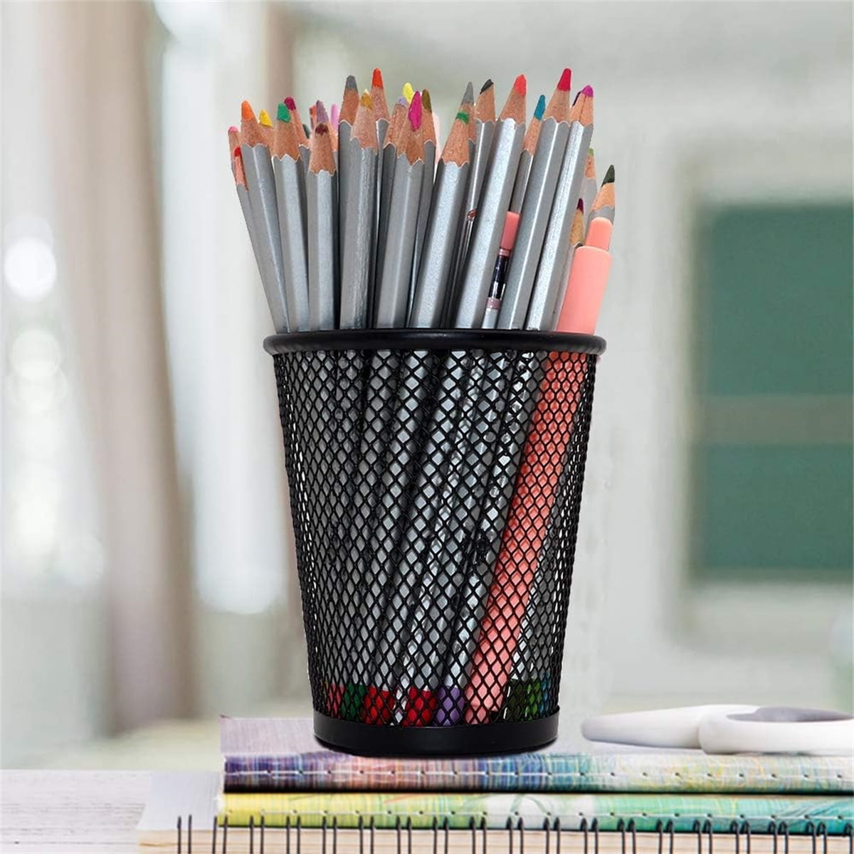 Metal Pen Holder,Happon 6 Pack Mesh Pencil Holder Desk Organized, Makeup Brush Holders, Round Wire Pen Cup Marker Holder for Desk Organizer for Home Office, Black