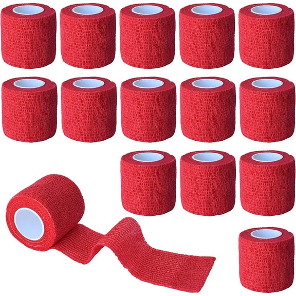 15 Pack Cohesive Wrap 2 Inch x 5 Yards Self Adherent Vet Tape for Pets, Elastic Self Adhesive Bandage Wrap for Sports, Finger, Wrist, Ankle (Red)