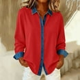 thumbnail image 2 of Olyvenn Women's Denim Patchwork Button Down Shirts Dressy Loose Long Sleeve Lapel Tops Colorblock Business Casual Blouse Red M, 2 of 9
