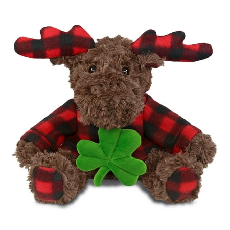 DolliBu Plaid Curly Moose with Hoodie Stuffed Animal with Green Plush Shamrock Cute Green Shamrock Plush St Patricks Day Stuffed Animal Good Luck St Patricks Day Toys for Kids Baby - 10 Inches