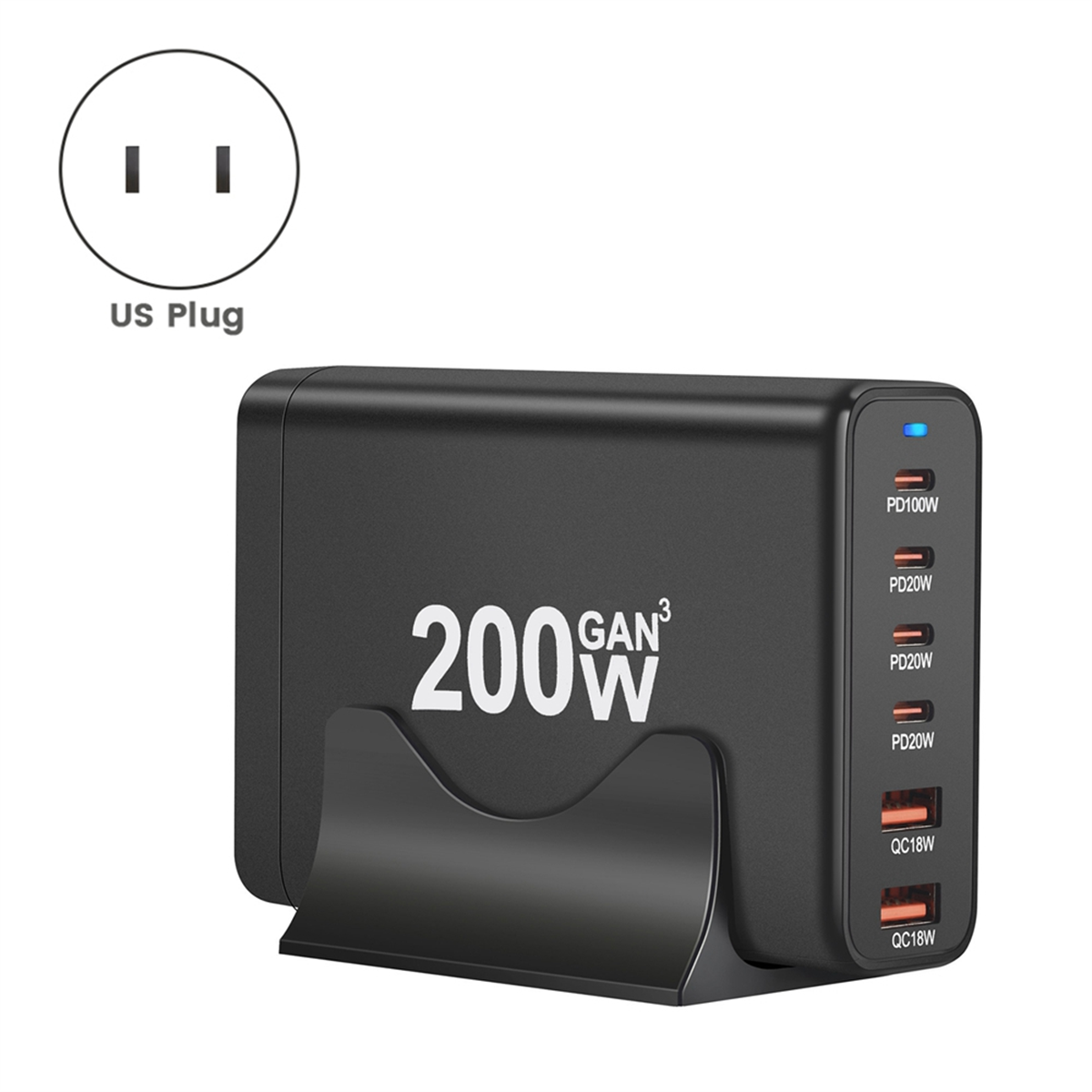 200W GaN Desktop Charger 6-Port USB Type C PD Charger Quick Charge 3.0 USB Type C Fast Charger for Phone USB Charger(US)