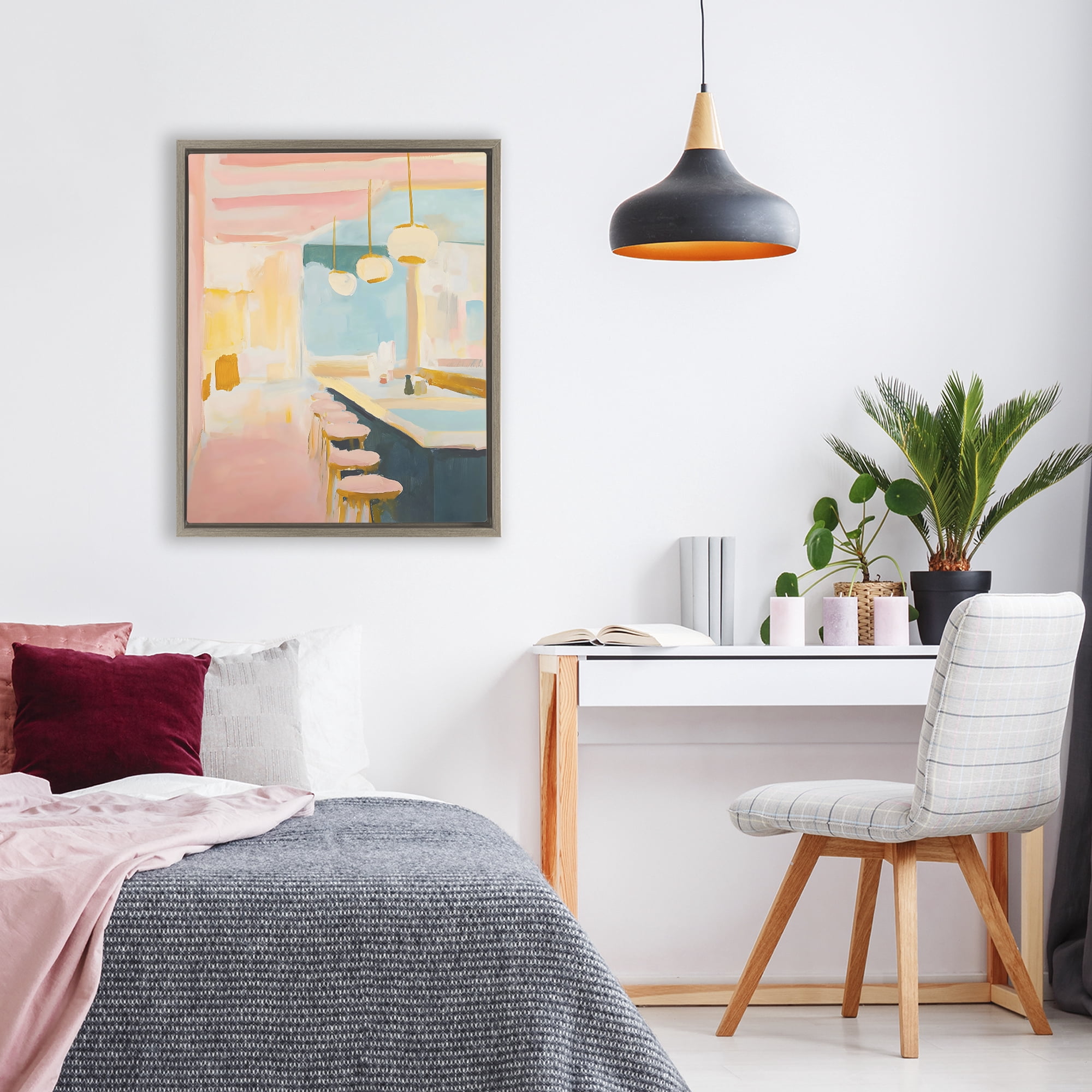 Stupell Industries Pastel Pink Bar Stools Brown Framed Floater Canvas Wall Art, design by The Prints Vibe
