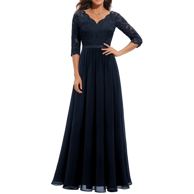VISgogo Vestido Largo para Mujer, Color Sólido Patchwork Encaje Escote en V Manga Media Espalda Sin Espalda Cremallera Vestido Femenino VISgogo moda