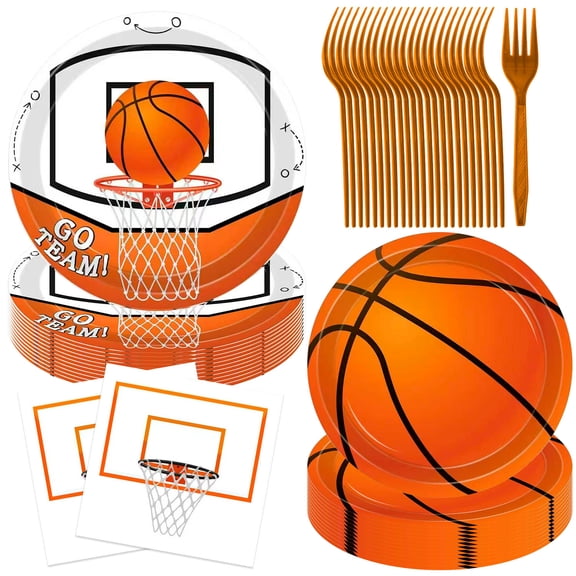 Jestar 96 Pieces Basketball Theme Party Supplies with Plates, Napkins, Forks for Basketball Birthday Decorations, Serves 24