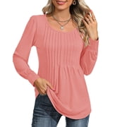 UVN Blouses for Women Pleated Long Sleeve Shirts Crew Neck Dressy Casual Tunic Tops