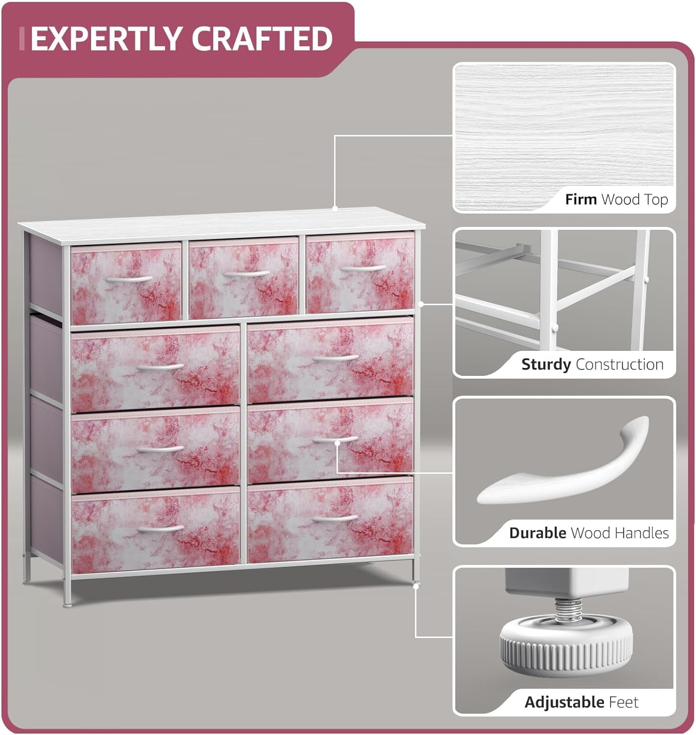 Sorbus 9-Drawer Dresser Nightstand End Table, Steel Frame, Wood Top, Tie-Dye Pink