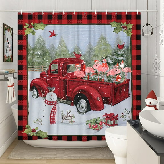 Farmhouse Christmas Shower Curtain with Pink Flamingos, Red Vintage Buffalo Check Plaids Truck Cardinals Shower Curtains for Bathroom, Winter Snowman Rustic Retro Bathroom Decor Sets 72" x 72"