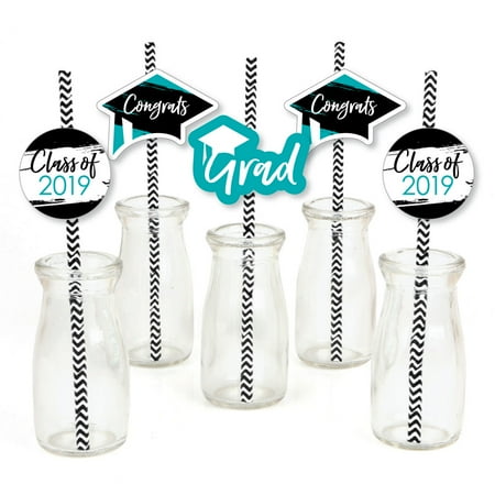 Teal Grad - Best is Yet to Come - Paper Straw Decor - Turquoise 2019 Graduation Striped Decorative Straws -Set of