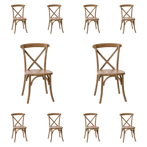 10 PACK Bistro Style Cross Back Hand Scraped Dark Natural Wood Stackable Dining Chair - X Back Banquet Dining Chair